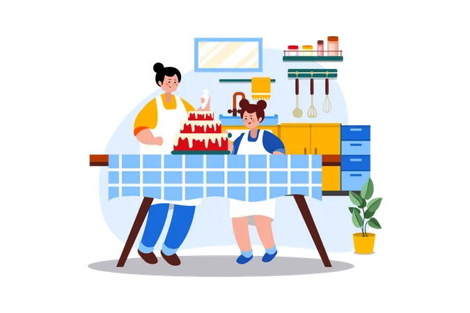 Mother and daughter making cake together  Illustration