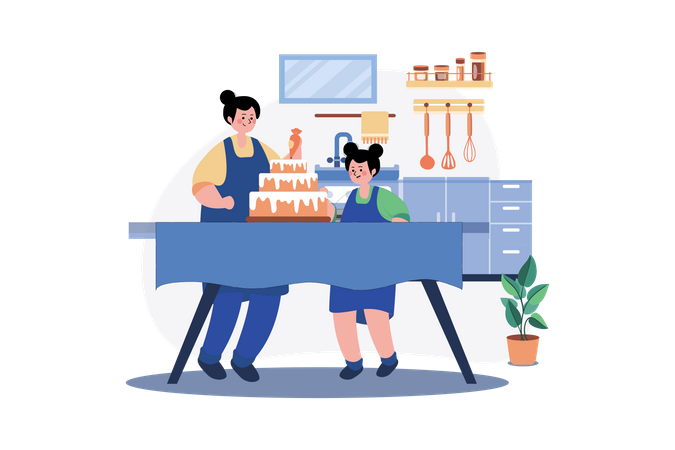 Mother and daughter making cake together  Illustration