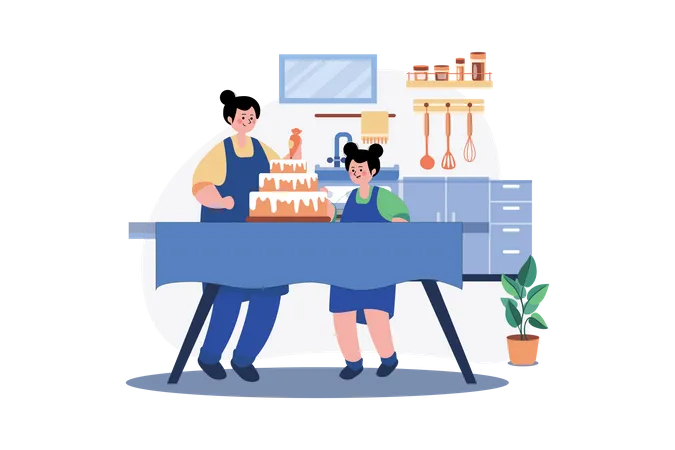 Mother and daughter making cake together  Illustration