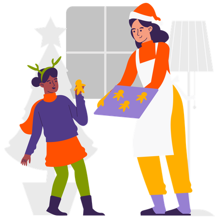 Mother and Daughter Making Christmas Cookies  Illustration