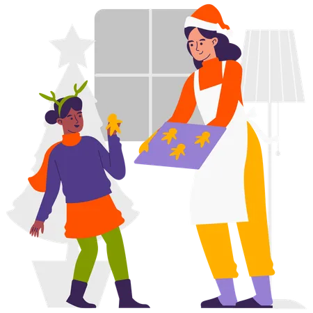 Mother and Daughter Making Christmas Cookies  Illustration