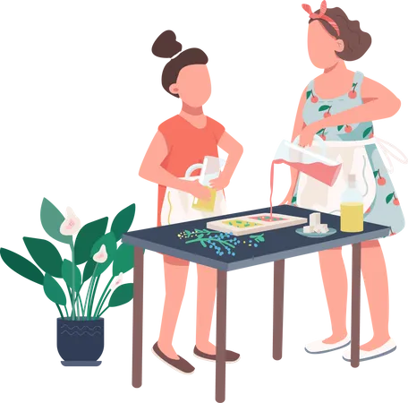 Mother and daughter making soap  Illustration