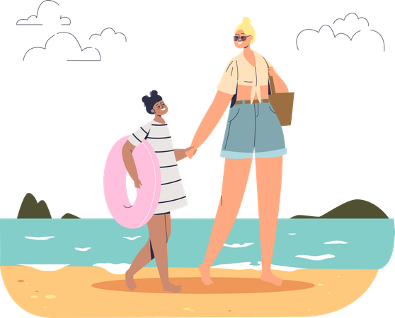 Mother and daughter on beach Illustration