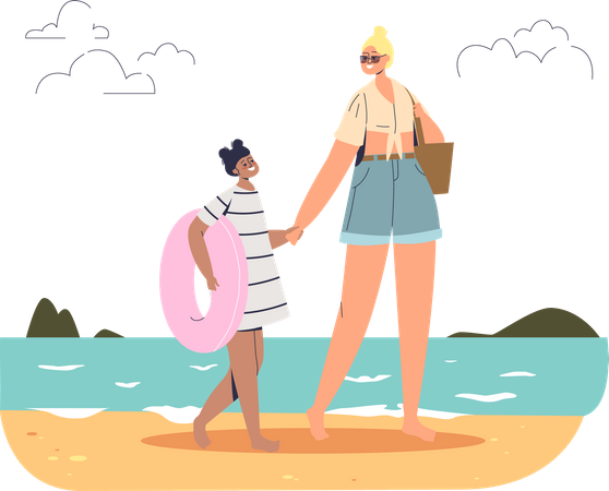 Mother and daughter on beach  Illustration