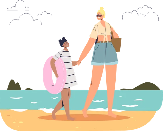 Mother and daughter on beach  Illustration