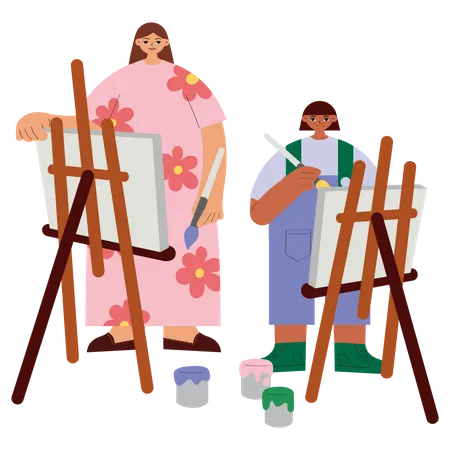 Mother And Daughter Painting Together Vector Illustration In Flat Color Design Illustration