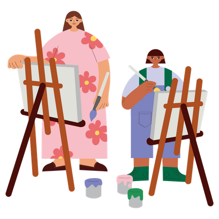 Mother and daughter painting together  Illustration