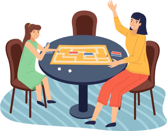 Mother and daughter play card game together at home  Illustration