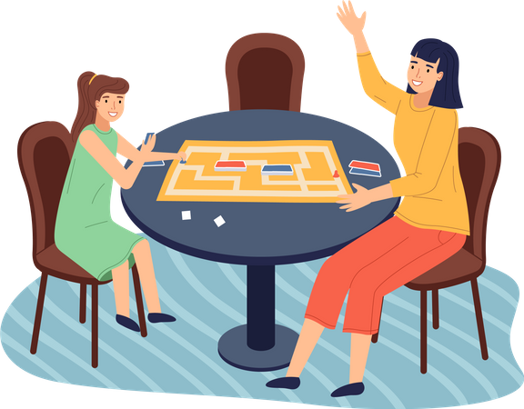 Mother and daughter play card game together at home  Illustration