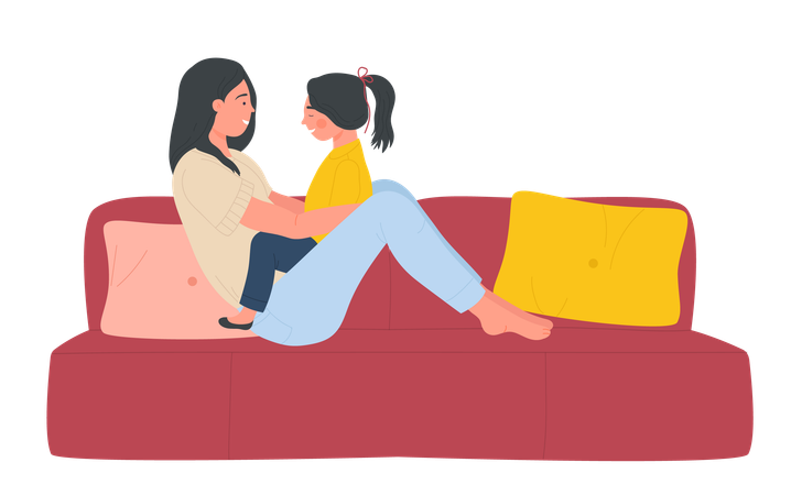 Mother and daughter play fun game on comfortable sofa  イラスト
