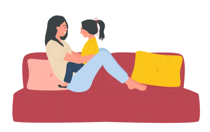 Mother and daughter play fun game on comfortable sofa  イラスト