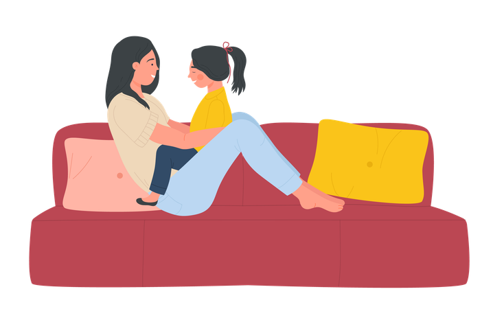 Mother and daughter play fun game on comfortable sofa  Illustration