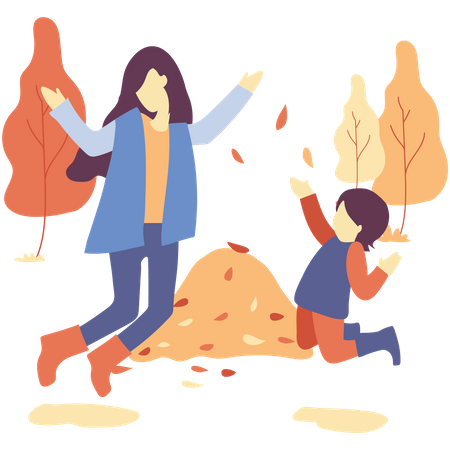 Mother and daughter play with autumn leaves Illustration
