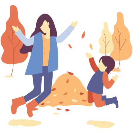 Mother and daughter play with autumn leaves  Illustration