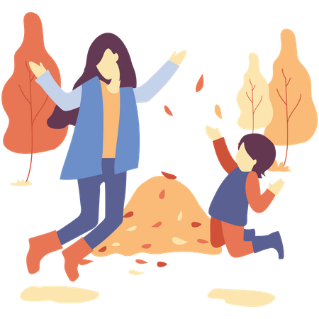 Mother and daughter play with autumn leaves  イラスト