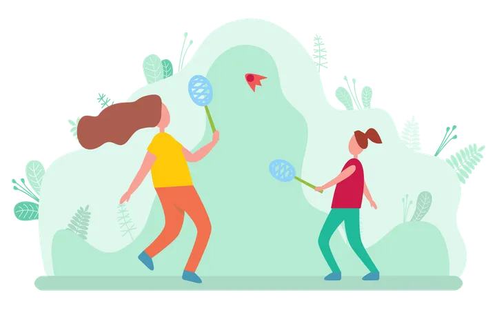Mother And Daughter Playing Badminton Isolated On Blurred Background With Green Leaves And Bushes Vector Mom And Girl Play Rocket And Ball Game Cartoon Style Illustration