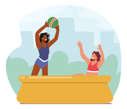Mother And Daughter Playing Ball In Outdoor Swimming Pool Illustration