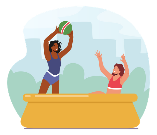 Mother And Daughter Playing Ball In Outdoor Swimming Pool  Illustration