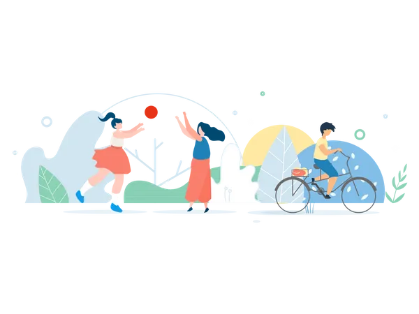 Mother and Daughter Playing Ball in Park and Boy Riding Bicycle  Illustration