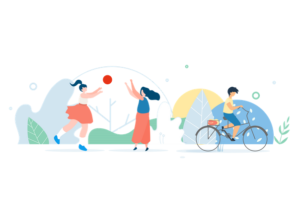 Mother and Daughter Playing Ball in Park and Boy Riding Bicycle  Illustration