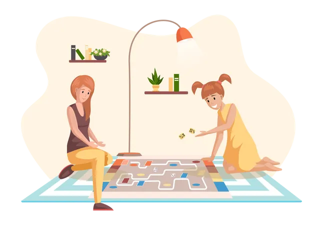 Happy Family Playing At Home Spend Time Together Mother And Daughter Have Fun With Table Game Entertainment For Parents And Children Gaming At Home Playing With Children Family Entertainment Illustration