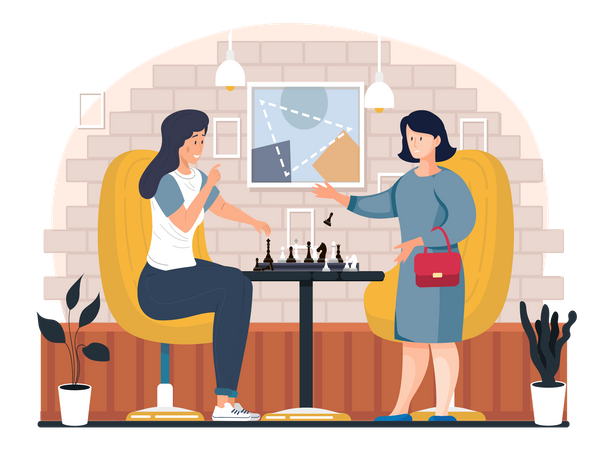 Mother and daughter playing chess  Illustration