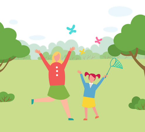 Mother and daughter playing in park Illustration