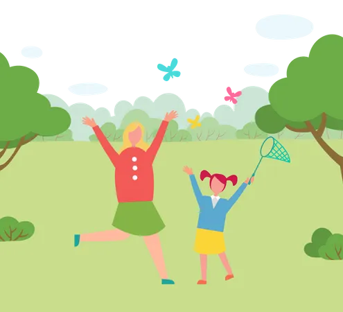 Mother and daughter playing in park Illustration