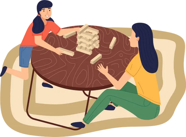 Mother and daughter playing Jenga at home  Illustration