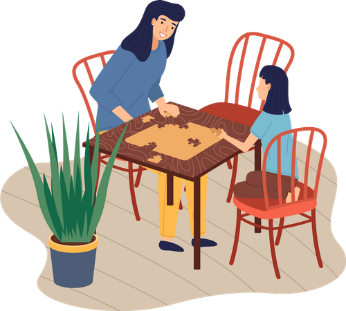 Mother and daughter playing table logic game  Illustration