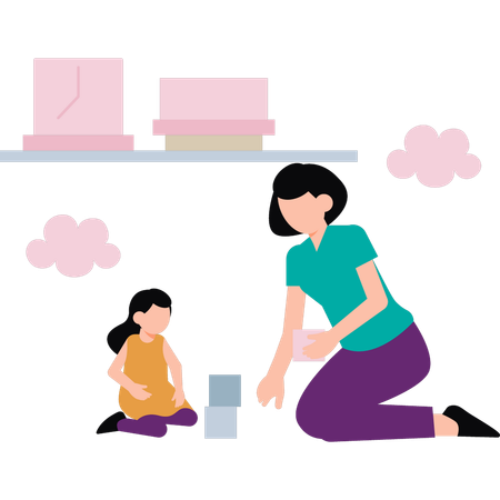Mother and daughter playing with blocks  イラスト