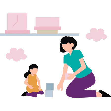 The Mother And Daughter Playing With Blocks Illustration