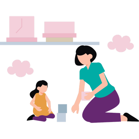 Mother and daughter playing with blocks  Illustration