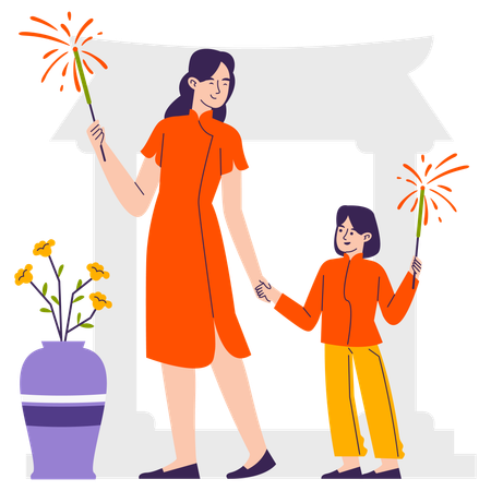 Mother and daughter playing with fireworks  Illustration