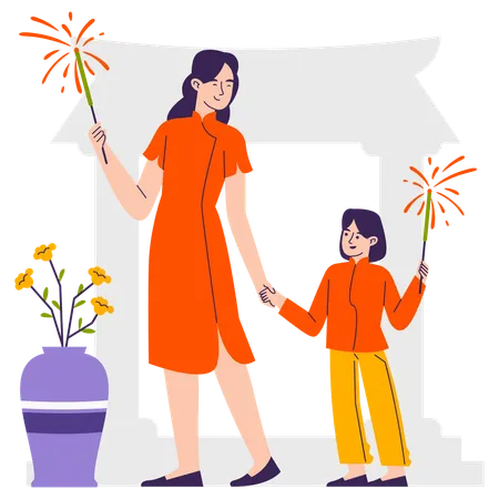 Mother and daughter playing with fireworks  Illustration