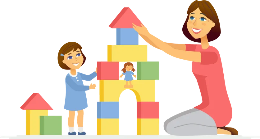Mother and daughter playing with puzzle box Illustration