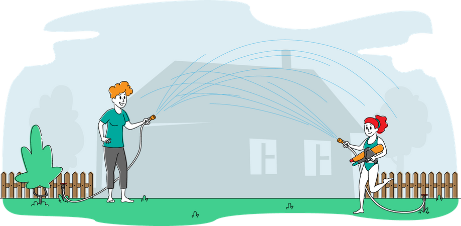Mother and Daughter Playing with Water Hose Illustration