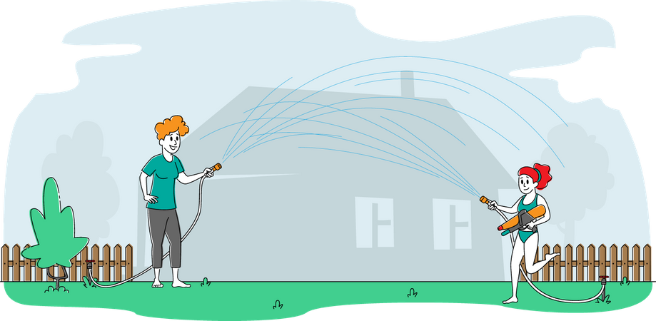 Mother and Daughter Playing with Water Hose  Illustration