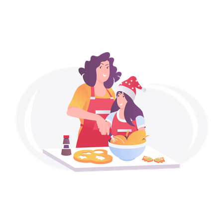 Mother and Daughter Preparing Christmas Dinner  Illustration