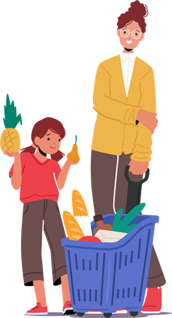 Mother And Daughter Purchase In Supermarket  Illustration