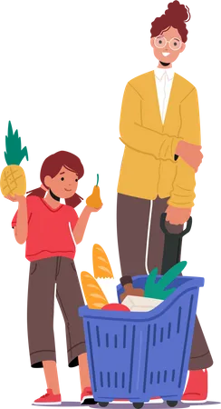 Mother And Daughter Purchase In Supermarket  Illustration