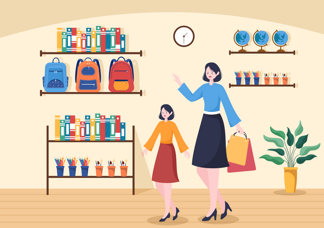 Mother and daughter purchasing Stationery  Illustration