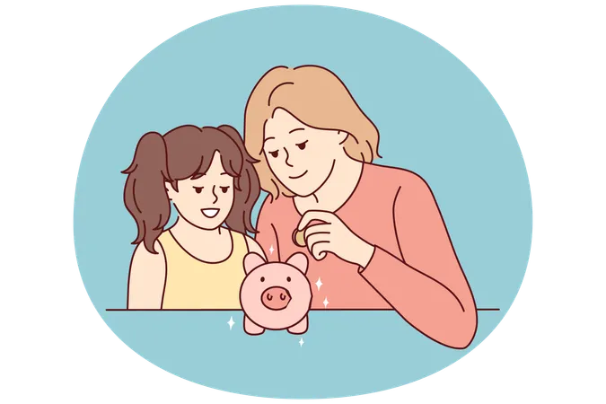 Mother and daughter put coin in piggybank  Illustration