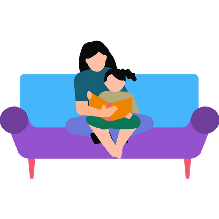 Mother and daughter reading a book sitting on the sofa  Illustration