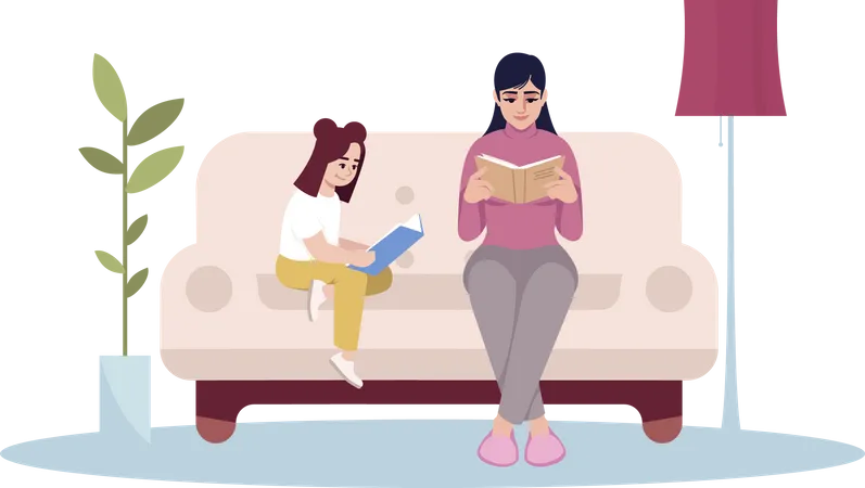 Family Home Activity Semi Flat RGB Color Vector Illustration Woman And Girl Read Books Together Parent And Child Sit On Couch Mother And Daughter Isolated Cartoon Character On White Background Illustration