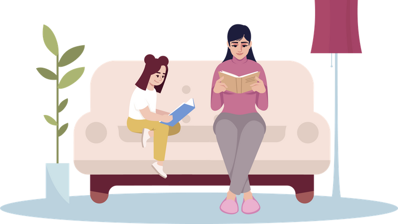 Mother and daughter reading book  Illustration