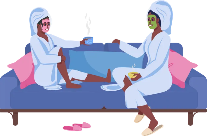 Mother and daughter relaxing on sofa  Illustration