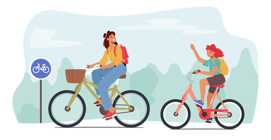 Mother And Daughter Riding Bikes Illustration
