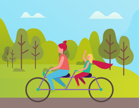 Mother and daughter riding cycle in Park  Illustration