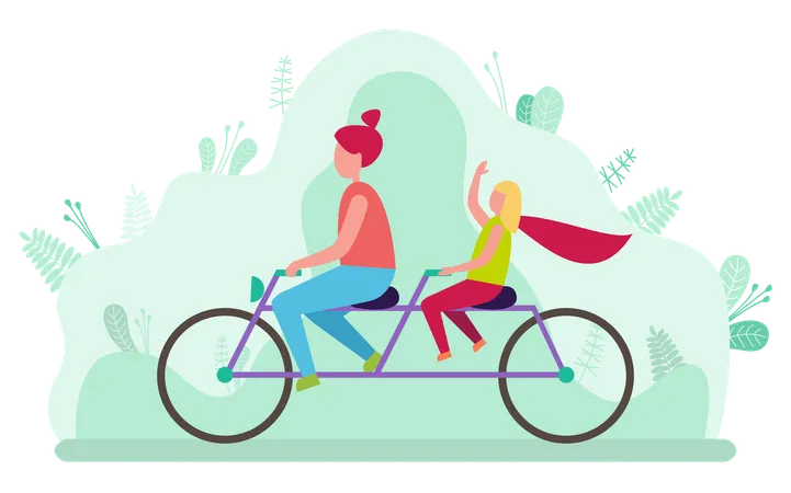 Mother With Daughter Riding Tandem Bicycle Woman And Child Cycling Together In Park Parent And Kid On Double Bike Summer Sports Active Family Leisure Illustration